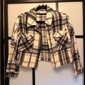 ZARA Plaid Cropped Jean Jacket in Cream, Gray & Blue